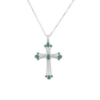Cross 18ct Whitegold with Diamonds and Emeralds