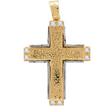 Βαπτιστικός σταυρός διπλής όψης  SAVVIDIS από χρυσό και λευκόχρυσο 14Κ με ζιργκόν