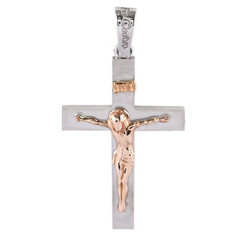 Δίχρωμος Βαπτιστικός σταυρός FaCaDoro από ροζ χρυσό και λευκόχρυσο 14Κ