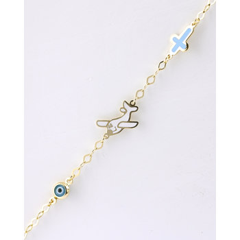 Gold plated Silver Bracelet with Evil Eye, Cross and Aeroplane by Ino&Ibo
