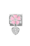 Σύνδεσμος (Link) NOMINATION 'Ροζ λουλούδι με καρδιά' από ανοξείδωτο ατσάλι και ασήμι 925 με Ζιργκόν