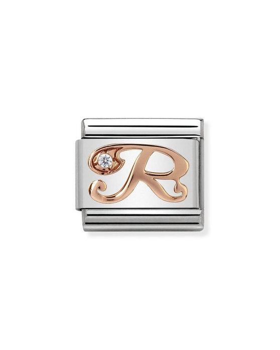 Σύνδεσμος (Link) NOMINATION - Γράμμα R σε ροζ χρυσό 9Κ με ζιργκόν