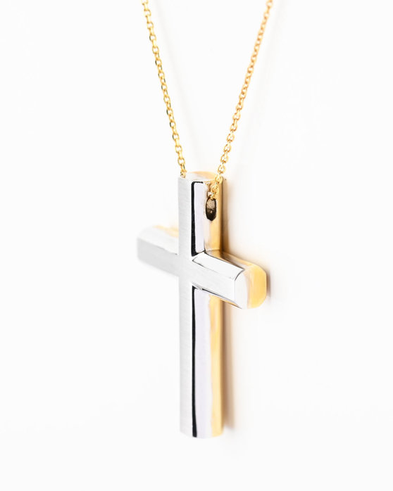Βαπτιστικός σταυρός διπλής όψης FaCaDoro από χρυσό και λευκόχρυσο 14Κ